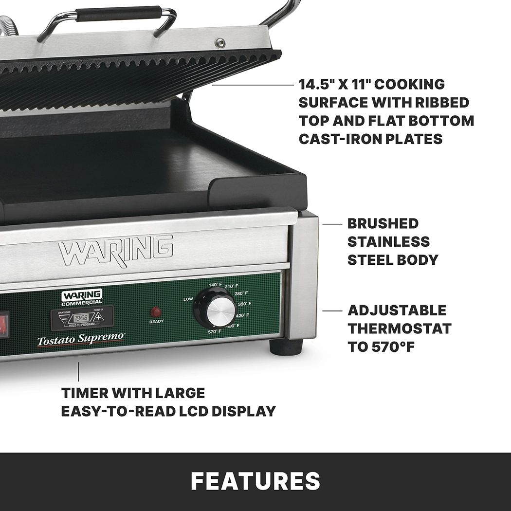 Ribbed and Flat Panini Grill with Timer, 14.5" x 11"